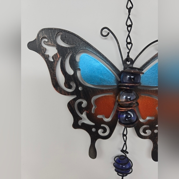Metal Butterfly Windchime Bell Decorative Marbles Blue Orange Black Cut Out - Picture 2 of 11
